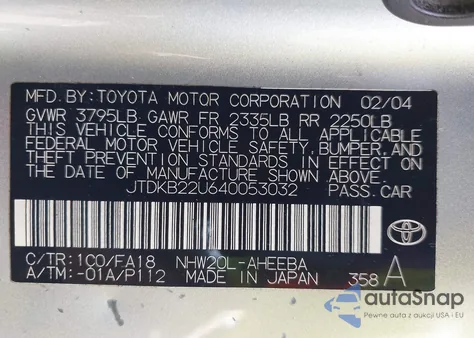 2004 Toyota Prius from USA, damaged, VIN JTDKB22U640053032